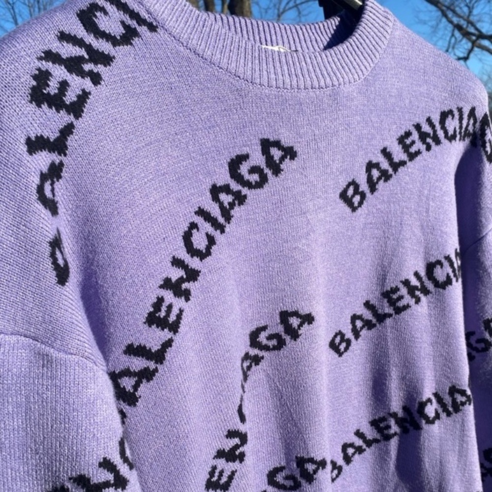 Balenciaga Purple Knit Sweater with Black Allover Logo in Size large - Picture 15 of 15